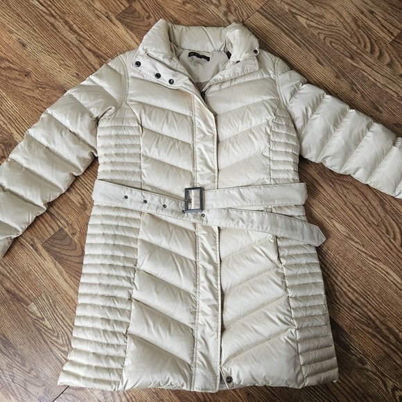 Brooks Brothers 346 Size 14 Women Puffer Coat Goose Down Parka Beige Hood Belted - Picture 10 of 10